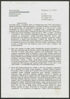 List do Jana Malinowskiego zawierający biografię rodziny Dumnickich