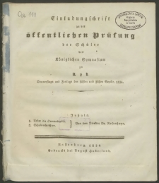 Einladungschrift zu der öffentlichen Prüfung der Schüler des Königlichen Gymnasium zu Lyk Donnerstags und Freitags den 25sten und 26sten Septbr. 1834