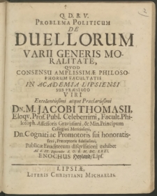 Problema Politicum De Duellorum Varii Generis Moralitate