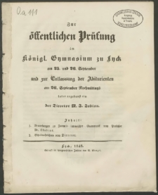 Zur öffentlichen Prüfung im Königl. Gymnasium zu Lyck am 25. und 26. September und zur Entlassung der Abiturienten am 26. September Nachmittags