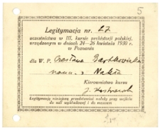 Legitymacja nr. 27 uczestnictwa w III. kursie prehistorji polskiej, urządzonym w dniach 24-26 kwietnia 1930 r. w Poznaniu