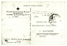 Karta pocztowa z Biura Informacyjnego PCK do Waleriana Bartkowiaka z 1946 r.