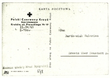 Karta pocztowa z Biura Informacyjnego PCK do Waleriana Bartkowiakaz 1943 r.