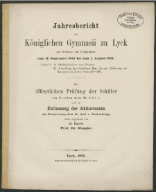 Jahresbericht des Königlichen Gymnasii zu Lyck am Schlusse des Schuljahres vom 11. September 1873 bis zum 1. August 1874