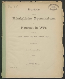 Bericht über das Königliche Gymnasium zu Neustadt in WPr. für die Zeit von Ostern 1889 bis Ostern 1890