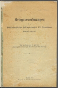 Kriegsverordnungen für den Befehlsbereich des stellvertretenden XX. Armeekorps : Allenstein 1914/17 : nach dem Stande vom 15. Juli 1917