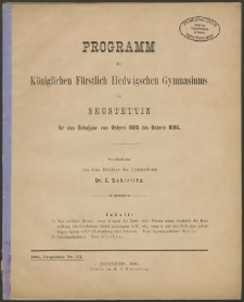 Programm des Königlichen Fürstlich Hedwigschen Gymnasiums zu Neustettin für das Schuljahr von Ostern 1885 bis Ostern 1886