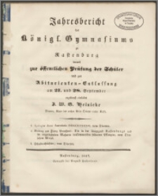 Jahresbericht des Königl. Gymnasiums zu Rastenburg, womit zur öffentlichen Prüfung der Schüler