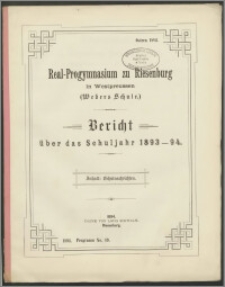 Real-Progymnasium zu Riesenburg in Westpreussen (Webers Schule). Bericht über das Schuljahr 1893-94