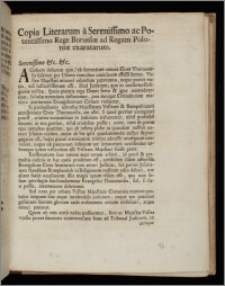 Copia Literarum a Serenissimo ac Potentissimo Rege Borusiæ ad Regem Poloniæ exaratarum : [Incipit:] Serenissime &c. &c. Acerbum dolorem quo, ob sententiam contra Cives Thorunenses ... / [Fryderyk Wilhelm I].