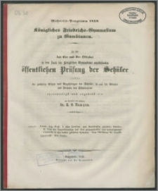 Königliches Friedrichs-Gymnasium zu Gumbinnen. Michaelis-Programm 1856. Zu der den 1ten und 2ten Oktober in dem Saale des Königlichen Gymnasiums anzustellenden öffentlichen Prüfung der Schuler