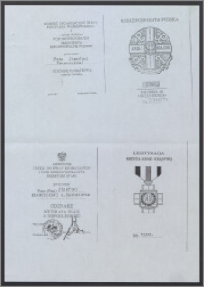 Legitymacja do Krzyża Armii Krajowej ; Honorowa odznaka Żołnierza Armii Krajowej Okręgów Wileńskiego"Wiano", Nowogródzkiego"Nów"