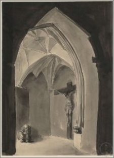 Wnętrze kościoła gotyckiego ze starcem