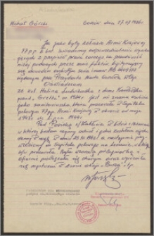 Oświadczenie Michała Górskiego żołnierza AK w sprawie Haliny Ludwikowskiej