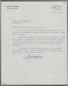 Życzenia/list od K. Iranek-Osmecki z Głównej Komisji Skarbu Narodowego