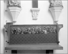 Gdańsk. Kościół Wniebowzięcia NMP. Wnętrze. Kaplica Jedenastu Tysięcy Dziewic. Predella ołtarza-Jezus i 12 apostołów 