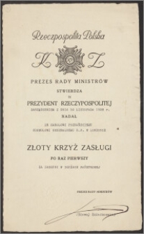 Akt nadania Złotego Krzyża Zasługi – Karolowi Poznańskiemu za zasługi w służbie państwowej