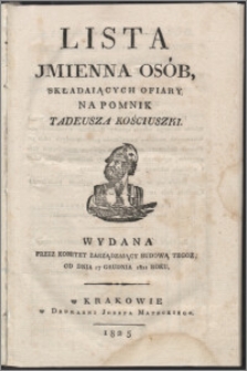 Lista jmienna osób, składaiących ofiary na pomnik Tadeusza Kościuszki