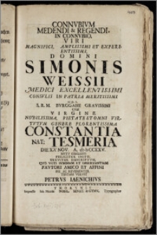 Connvbivm Medendi & Regendi In Connvbio, Viri ... Simonis Weissii Medici ... Consulis In Patria ... Bvrggabii ... Cvm Virgine ... Constantia Nat: Tesmeria Die XX Nov. A. cIc IcCCXXV. Nvtv Coelesti Feliciter Inito, Breviter Descriptvm, Qvo Voti Svmmam Et Observantiam ... Pie Ac Reverenter Testari Volvit Petrvs Iaenichivs