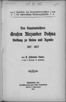 Des Staatsministers Grafen Alexander Dohna Stellung zu Union und Agende : 1817-1827