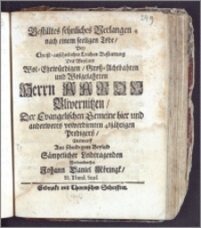 Gestilltes sehnliches Verlangen nach einem seeligen Tode, Bey ... Leichen-Bestattung des ... Herrn Aaron Blivernitzen, Der Evangelischen Gemeine ... 48jährigen Predigers / Entwarff Aus schuldigem Beyleid Sämptlicher Leidtragenden Verbundnester Johann Daniel Möringk. S.S. Theol. Stud.