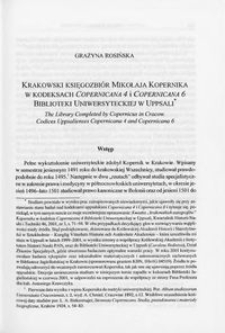 Krakowski księgozbiór Mikołaja Kopernika w kodeksach "Copernicana 4" i "Copernicana 6" Biblioteki Uniwersyteckiej w Uppsali