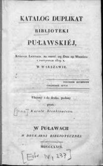 Katalog duplikat Biblioteki Puławskiej, których licytacja ma odbyć się dnia 29 września i następnych 1829 r. w Warszawie