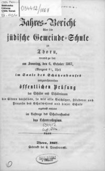 Jahresbericht über die Jüdische Gemeinde-Schule zu Thorn 1867