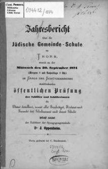 Jahresbericht über die Jüdische Gemeinde-Schule zu Thorn 1874
