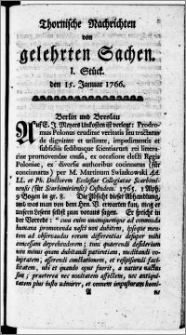 Thornische Nachrichten von Gelehrten Sachen, 1766.01.15 nr 1