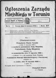 Ogłoszenia Zarządu Miejskiego w Toruniu 1938, R. 15, nr 1