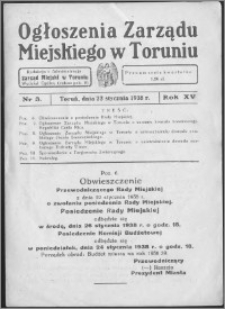 Ogłoszenia Zarządu Miejskiego w Toruniu 1938, R. 15, nr 3