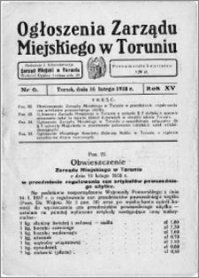 Ogłoszenia Zarządu Miejskiego w Toruniu 1938, R. 15, nr 6