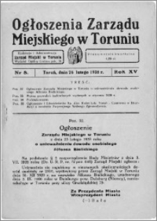 Ogłoszenia Zarządu Miejskiego w Toruniu 1938, R. 15, nr 8