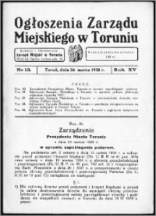 Ogłoszenia Zarządu Miejskiego w Toruniu 1938, R. 15, nr 13