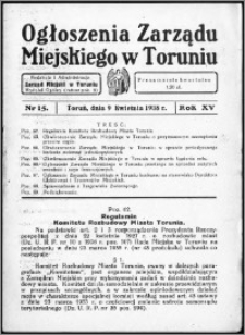 Ogłoszenia Zarządu Miejskiego w Toruniu 1938, R. 15, nr 15