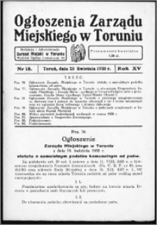 Ogłoszenia Zarządu Miejskiego w Toruniu 1938, R. 15, nr 18