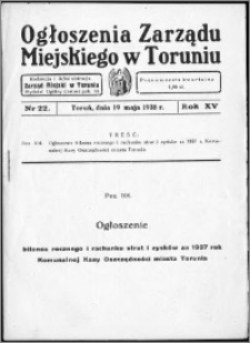 Ogłoszenia Zarządu Miejskiego w Toruniu 1938, R. 15, nr 22