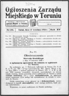 Ogłoszenia Zarządu Miejskiego w Toruniu 1938, R. 15, nr 39