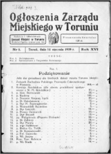 Ogłoszenia Zarządu Miejskiego w Toruniu 1939, R.16, nr 1