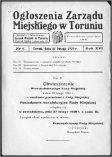 Ogłoszenia Zarządu Miejskiego w Toruniu 1939, R. 16, nr 5