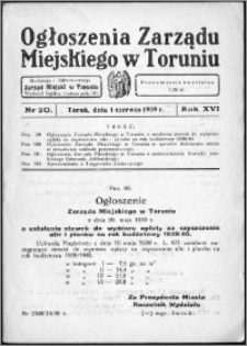 Ogłoszenia Zarządu Miejskiego w Toruniu 1939, R. 16, nr 20