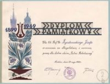 Dyplom pamiątkowy 1899-1949 : dla ob. prof. dr Życzkowskiego Józefa w uznaniu za długoletnią i owocną pracę dla dobra chóru "Lutni Robotniczej" Kraków, dnia 29 maja 1949 r.