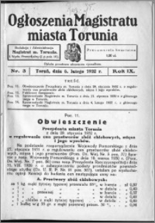 Ogłoszenia Magistratu Miasta Torunia 1932, R. 9, nr 3