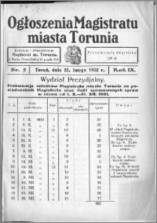 Ogłoszenia Magistratu Miasta Torunia 1932, R. 9, nr 5