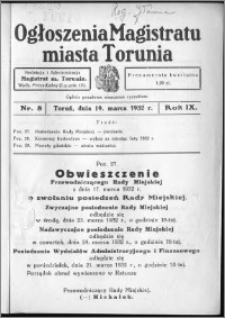 Ogłoszenia Magistratu Miasta Torunia 1932, R. 9, nr 8