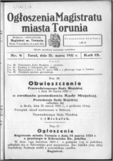 Ogłoszenia Magistratu Miasta Torunia 1932, R. 9, nr 9