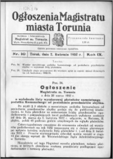 Ogłoszenia Magistratu Miasta Torunia 1932, R. 9, nr 10