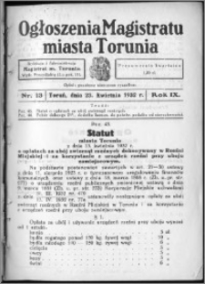 Ogłoszenia Magistratu Miasta Torunia 1932, R. 9, nr 13