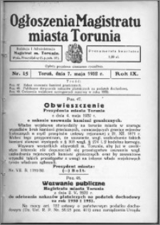 Ogłoszenia Magistratu Miasta Torunia 1932, R. 9, nr 15